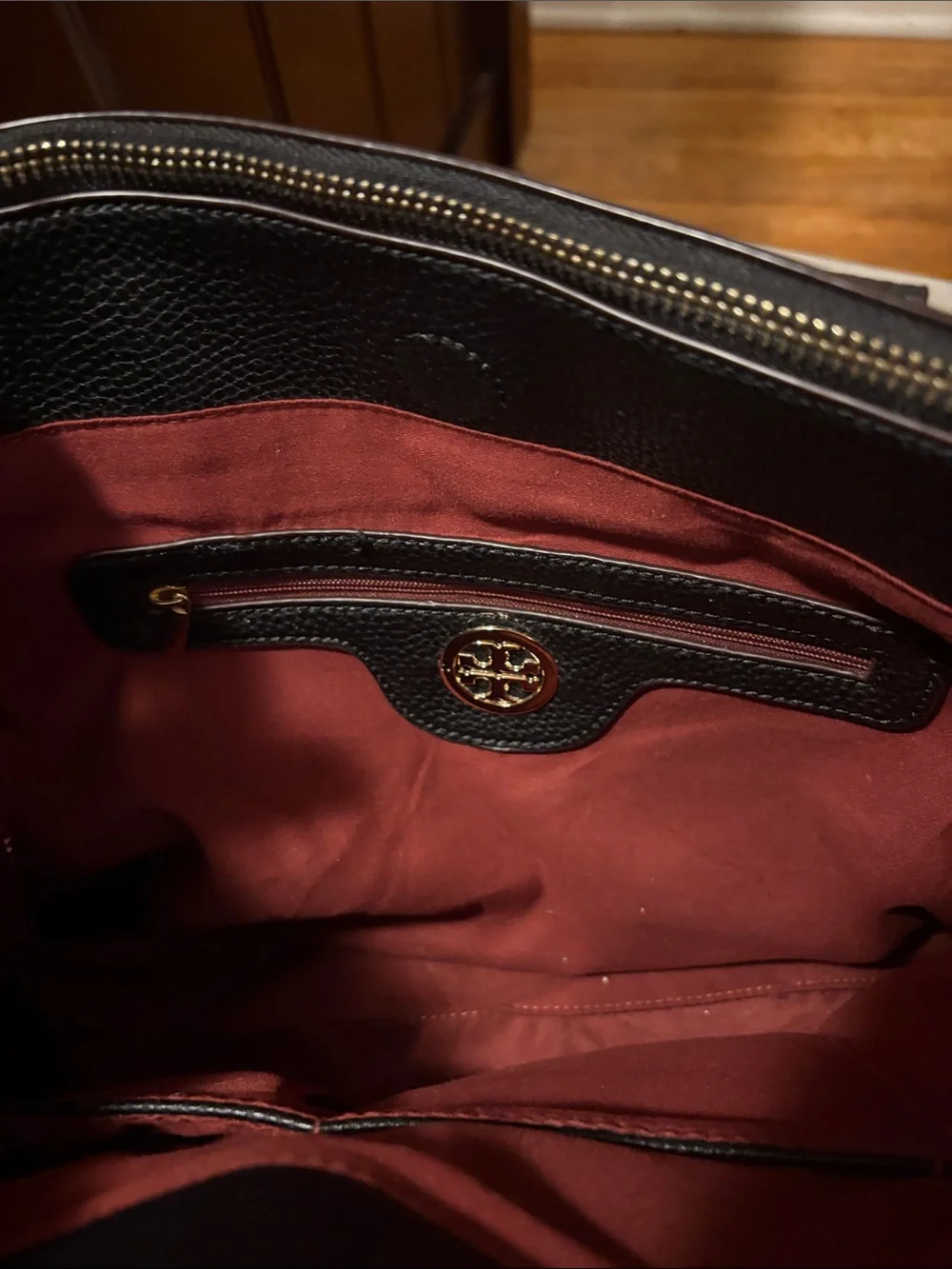 Tory Burch Black Pebbled Leather Satchel with Gold Logo